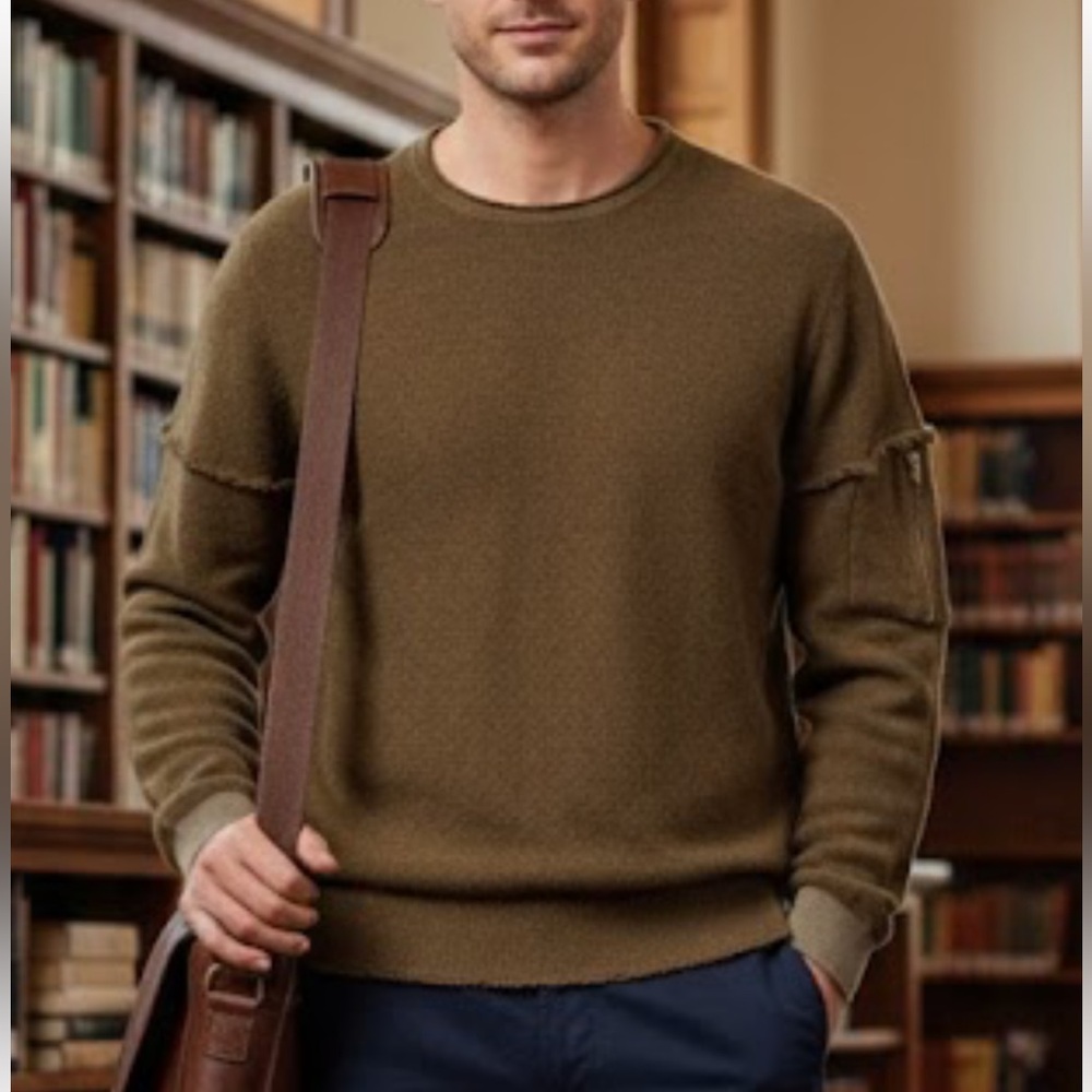 Zara Man pullover Brown olive Long Sleeve Crewneck textured Sweatshirt grunge